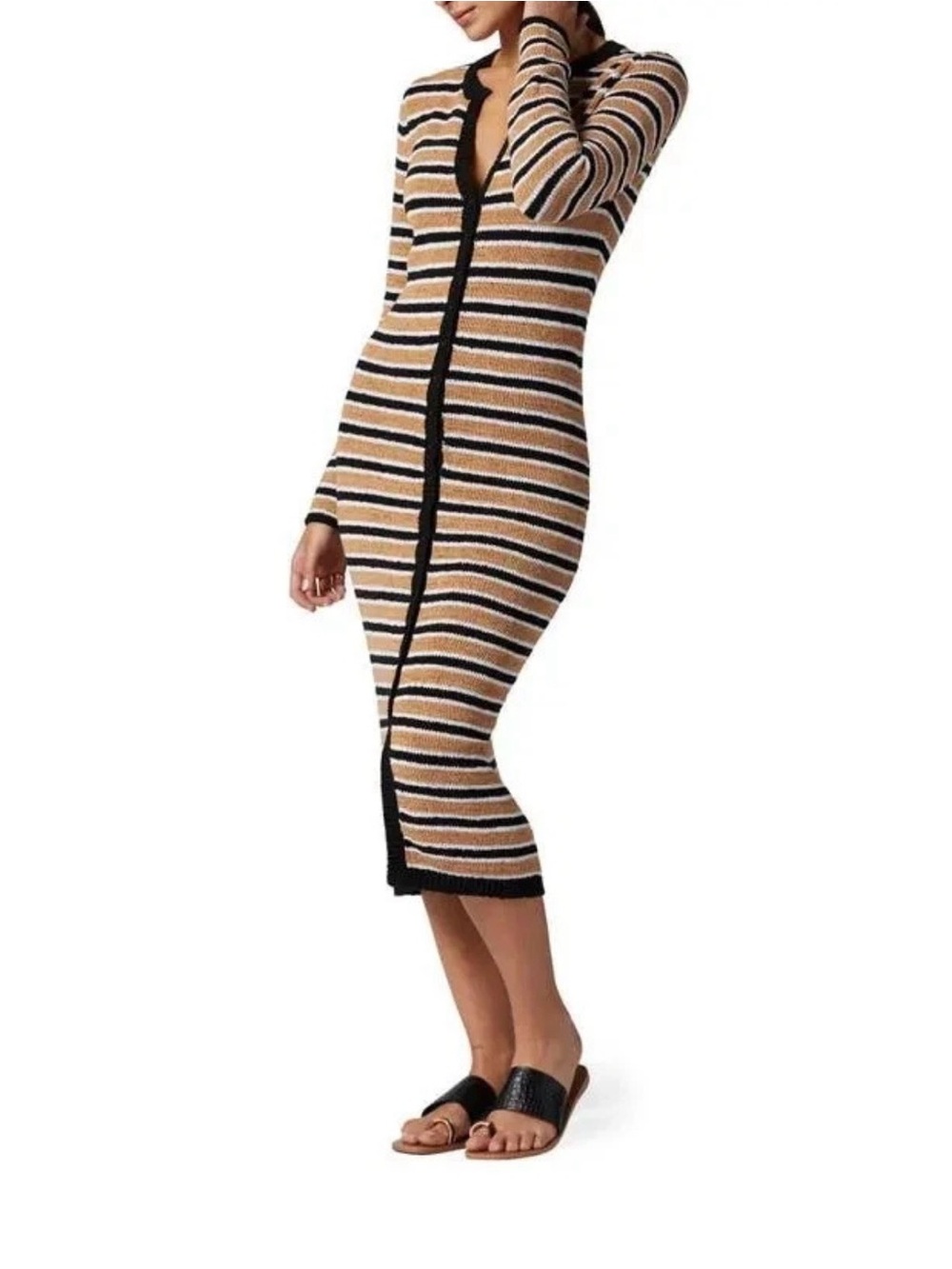 Joie Tan and Black Striped Long-Sleeve Midi Dress